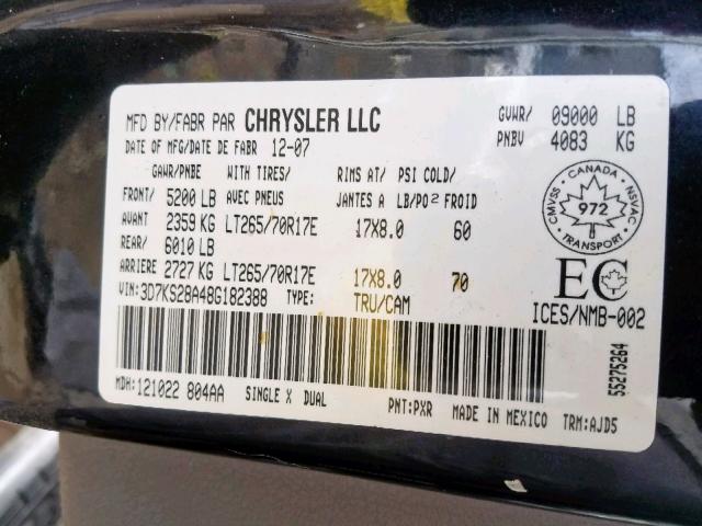 3D7KS28A48G182388 - 2008 DODGE RAM 2500 S Սև լուսանկար 10