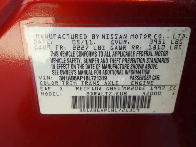 3N1AB6AP1BL721319 - 2011 NISSAN SENTRA 2.0 RED photo 10