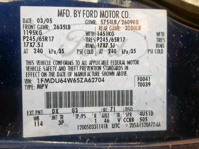 1FMDU64W65ZA62704 - 2005 FORD EXPLORER E BLUE photo 10