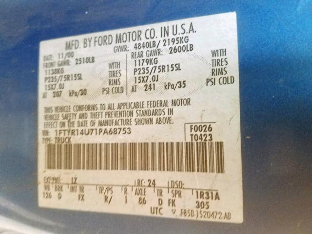 1FTYR14U71PA68753 - 2001 FORD RANGER SUP BLUE photo 10