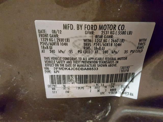 2FMDK4JC6DBA88533 - 2013 FORD EDGE SEL BROWN photo 10