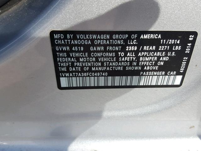 1VWAT7A36FC049740 - 2015 VOLKSWAGEN PASSAT S SILVER photo 10