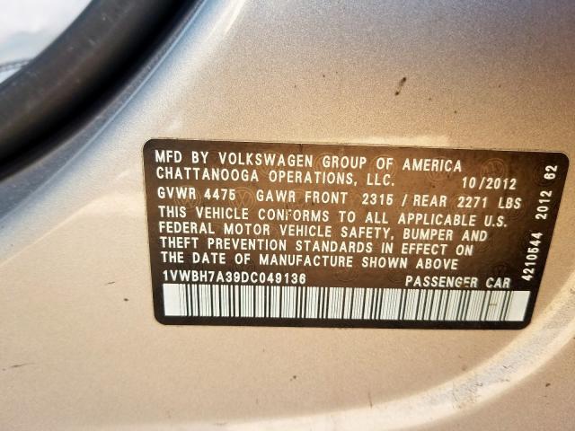 1VWBH7A39DC049136 - 2013 VOLKSWAGEN PASSAT SE GOLD photo 10