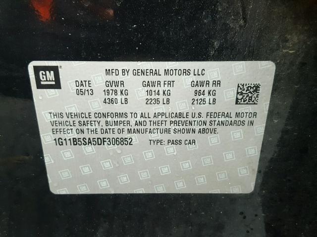 1G11B5SA5DF306852 - 2013 CHEVROLET MALIBU LS შავი ფოტო 10