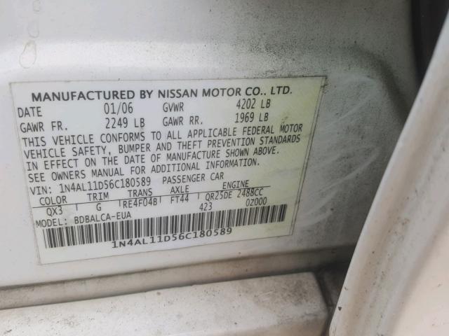 1N4AL11D56C180589 - 2006 NISSAN ALTIMA S WHITE photo 10