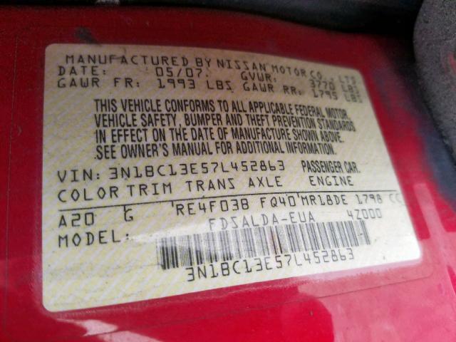 3N1BC13E57L452863 - 2007 NISSAN VERSA S RED photo 10