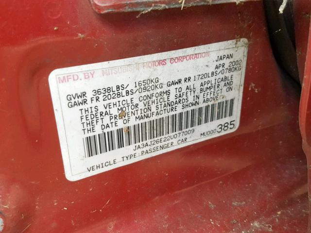 JA3AJ26E22U077009 - 2002 MITSUBISHI LANCER ES RED photo 10