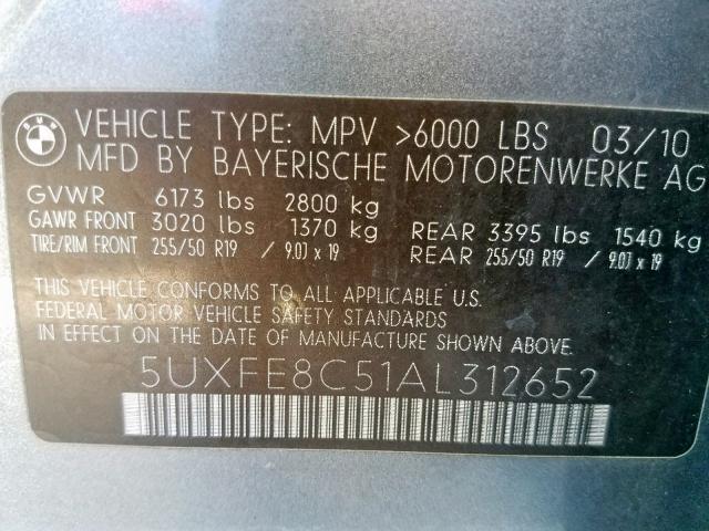 5UXFE8C51AL312652 - 2010 BMW X5 XDRIVE4 GRAY photo 10