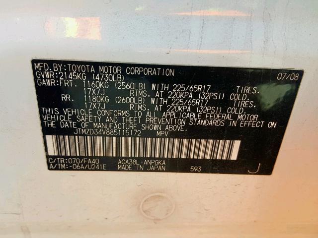 JTMZD34V885115172 - 2008 TOYOTA RAV4 LIMIT WHITE photo 10