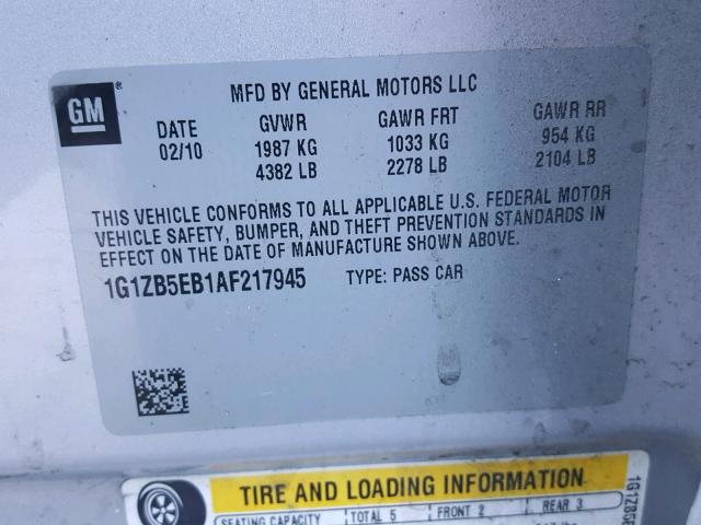 1G1ZB5EB1AF217945 - 2010 CHEVROLET MALIBU LS SILVER photo 10