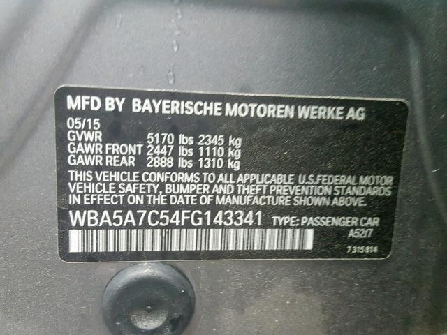 WBA5A7C54FG143341 - 2015 BMW 528 XI GRAY photo 10