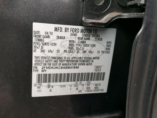 2FMDK3KC8ABB41849 - 2010 FORD EDGE LIMIT CHARCOAL photo 10