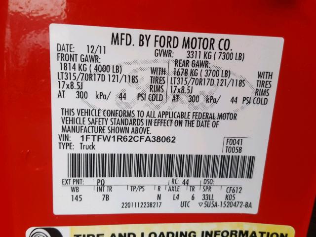 1FTFW1R62CFA38062 - 2012 FORD F150 SVT R RED photo 10