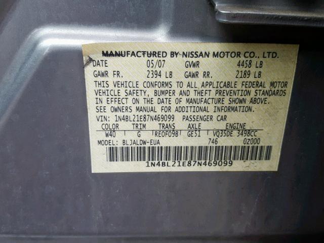 1N4BL21E87N469099 - 2007 NISSAN ALTIMA 3.5 SILVER photo 10