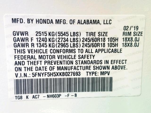 5FNYF5H5XKB027693 - 2019 HONDA PILOT EXL WHITE photo 10