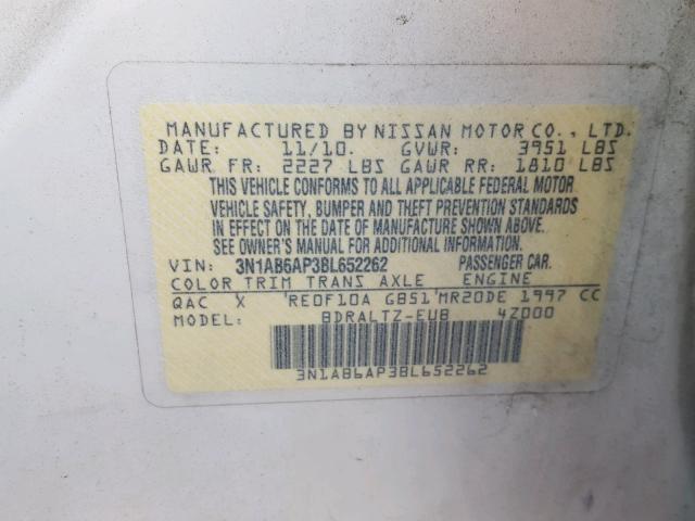 3N1AB6AP3BL652262 - 2011 NISSAN SENTRA 2.0 WHITE photo 10