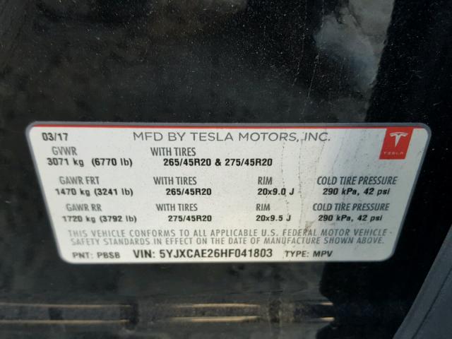 5YJXCAE26HF041803 - 2017 TESLA MODEL X BLACK photo 10