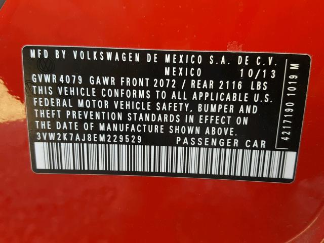 3VW2K7AJ8EM229529 - 2014 VOLKSWAGEN JETTA BASE 红色 照片 10