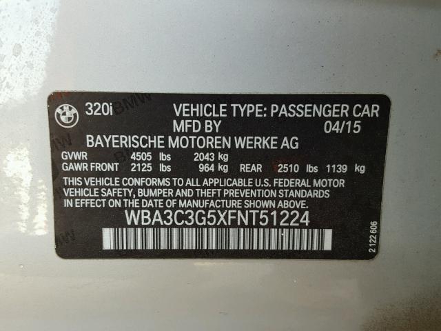 WBA3C3G5XFNT51224 - 2015 BMW 320 I SILVER photo 10