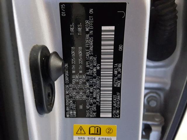 JTJBARBZ8F2008072 - 2015 LEXUS NX 200T SILVER photo 10