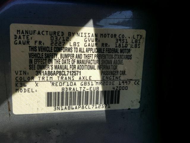 3N1AB6AP8CL712571 - 2012 NISSAN SENTRA 2.0 GRAY photo 10