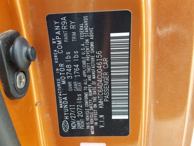 KMHTC6AD4CU046156 - 2012 HYUNDAI VELOSTER ORANGE photo 10