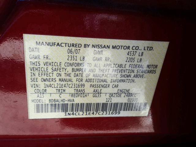 1N4CL21E47C231699 - 2007 NISSAN ALTIMA HYB RED photo 10