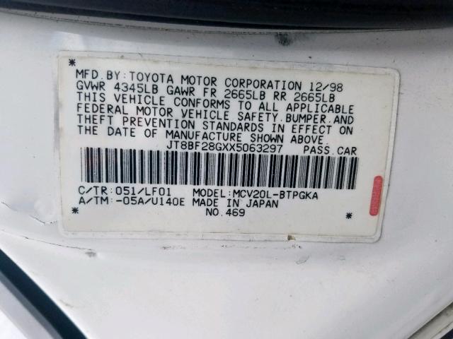 JT8BF28GXX5063297 - 1999 LEXUS ES 300 WHITE photo 10