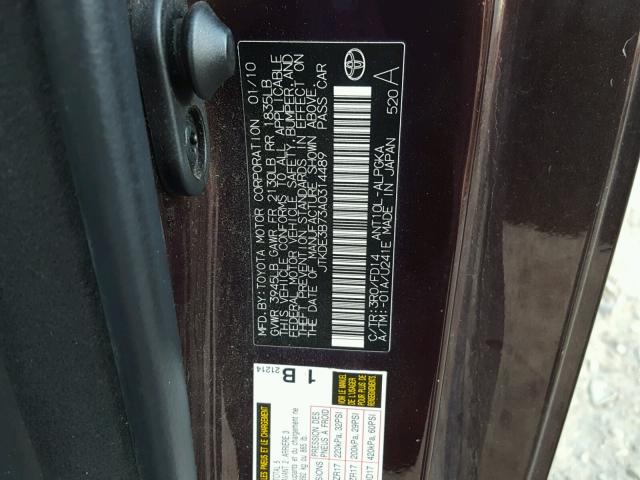 JTKDE3B73A0314489 - 2010 TOYOTA SCION TC Bənövşəyi foto 10