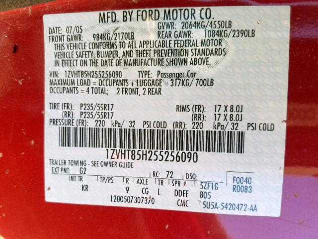 1ZVHT85H255256090 - 2005 FORD MUSTANG GT RED photo 10