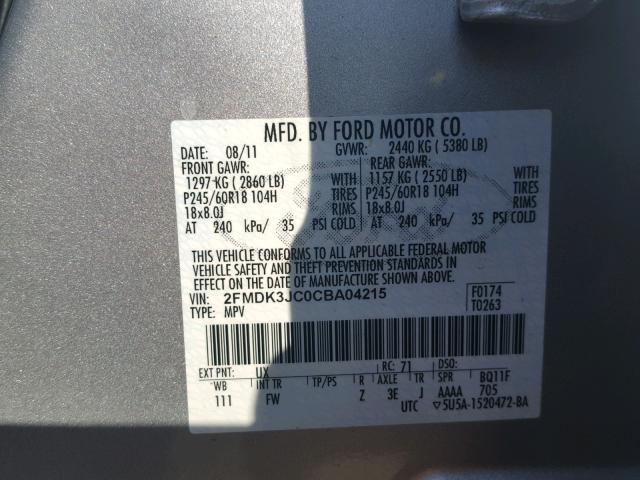 2FMDK3JC0CBA04215 - 2012 FORD EDGE SEL SILVER photo 10