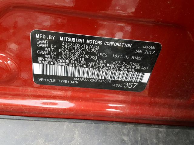 JA4AP3AU2HZ031044 - 2017 MITSUBISHI OUTLANDER RED photo 10