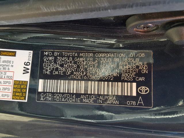 JTKDE167380270972 - 2008 TOYOTA SCION TC Noir photo 10