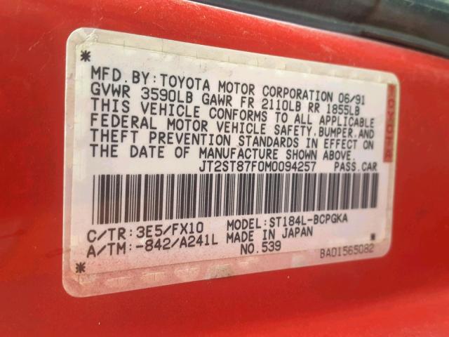 JT2ST87F0M0094257 - 1991 TOYOTA CELICA GT RED photo 10