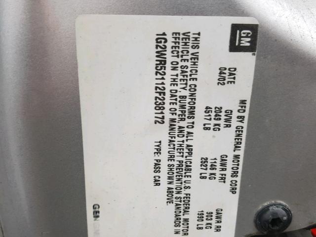 1G2WR52112F238172 - 2002 PONTIAC GRAND PRIX SILVER photo 10