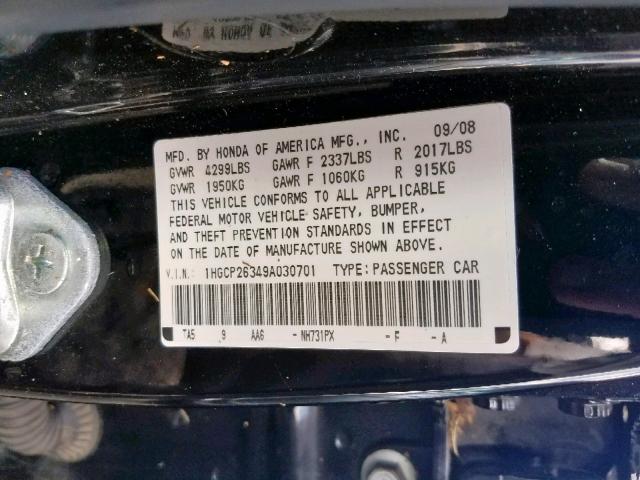 1HGCP26349A030701 - 2009 HONDA ACCORD LX BLACK photo 10