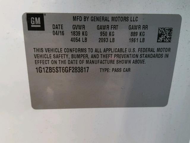 1G1ZB5ST6GF283817 - 2016 CHEVROLET MALIBU LS 白色 照片 10