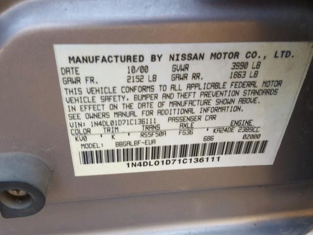 1N4DL01D71C136111 - 2001 NISSAN ALTIMA XE SILVER photo 10