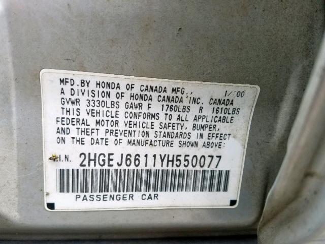 2HGEJ6611YH550077 - 2000 HONDA CIVIC BASE SILVER photo 10