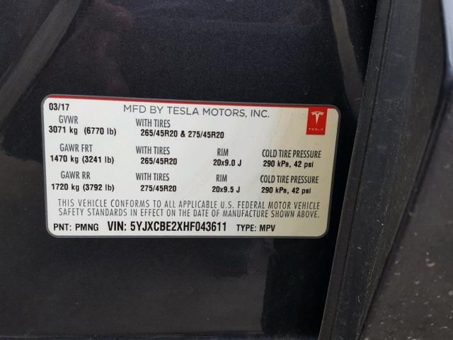 5YJXCBE2XHF043611 - 2017 TESLA MODEL X GRAY photo 10