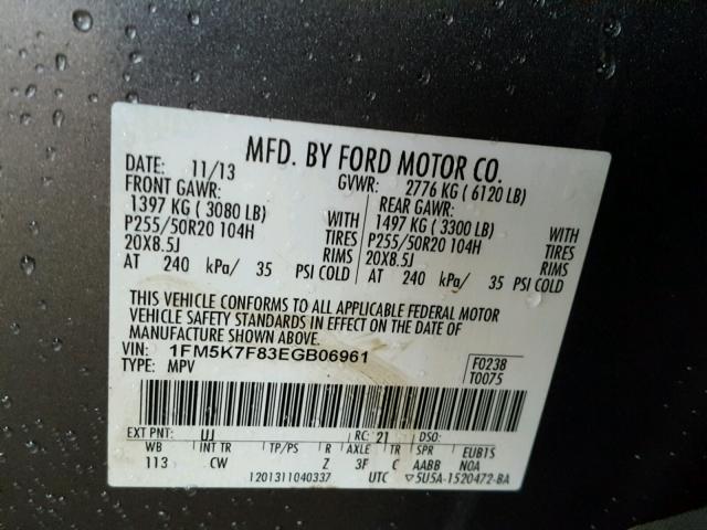 1FM5K7F83EGB06961 - 2014 FORD EXPLORER L GRAY photo 10