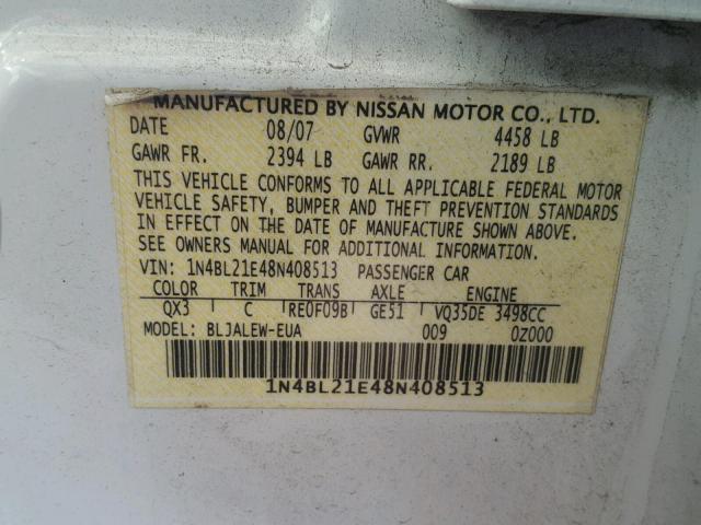 1N4BL21E48N408513 - 2008 NISSAN ALTIMA 3.5 WHITE photo 10