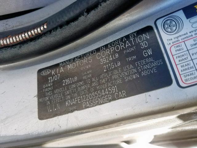 KNAFE122085544591 - 2008 KIA SPECTRA EX SILVER photo 10