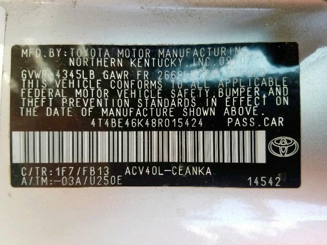4T4BE46K48R015424 - 2008 TOYOTA CAMRY CE SILVER photo 10