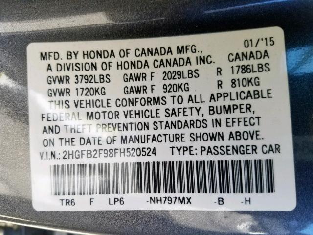 2HGFB2F98FH520524 - 2015 HONDA CIVIC EXL 灰色 照片 10