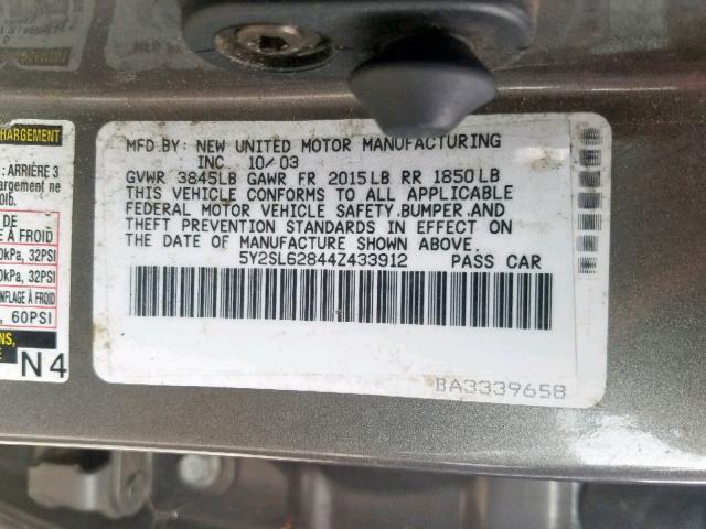 5Y2SL62844Z433912 - 2004 PONTIAC VIBE CHARCOAL photo 10