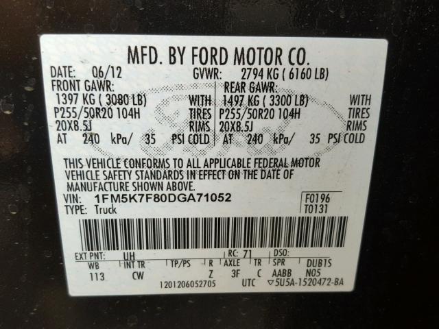 1FM5K7F80DGA71052 - 2013 FORD EXPLORER L BLACK photo 10