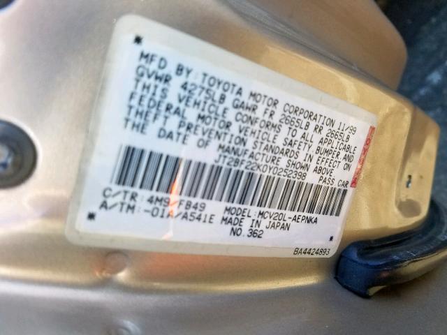 JT2BF22K0Y0252398 - 2000 TOYOTA CAMRY CE GOLD photo 10