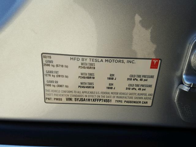 5YJSA1H1XFFP74551 - 2015 TESLA MODEL S 85 SILVER photo 10