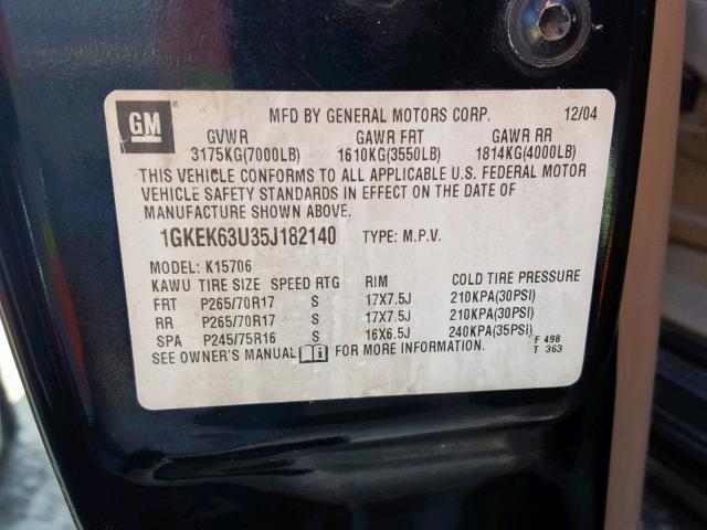 1GKEK63U35J182140 - 2005 GMC YUKON DENA BLACK photo 10